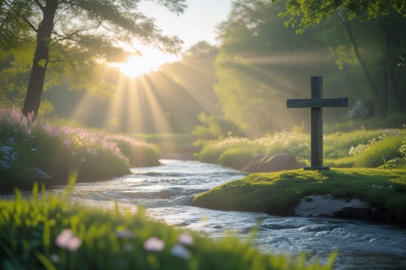 Sun Shining Through A Beautiful Landscape With A Stream And Trees, And A Cross Standing At The Bank Of The Stream.